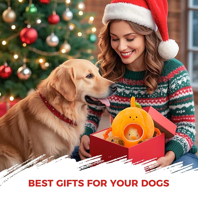 MewaJump Hide and Seek Small Dog Toys, Squeaky Dog Plush Toys for Small Dog, Pumpkin and Animal Crinkle Plush Stuffed Dog Toy, Small Puppy Cat Toy Set to Keep Them Busy