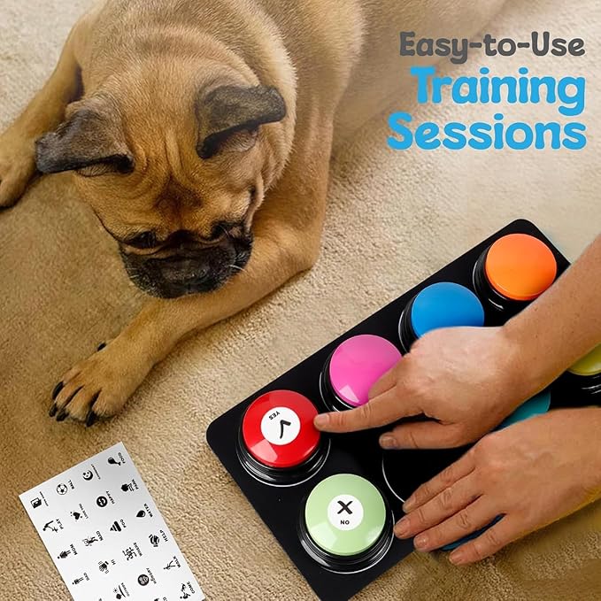 A-URA Dog Talking Buttons for Communication – 6 Recordable Dog Buttons with Anti-Slip Mat, Word Stickers, Training Guide & Video | Dog Communication Buttons for Potty Training, Daily Needs & Behavior