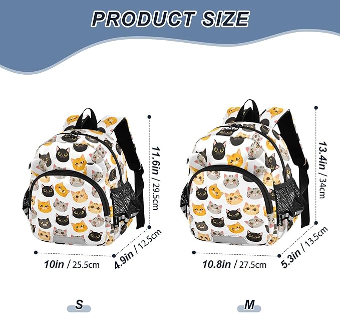 Cartoon Cats Toddler Backpack with Leash, Cute Preschool Backpack Baby Harness Bookbag, 10L