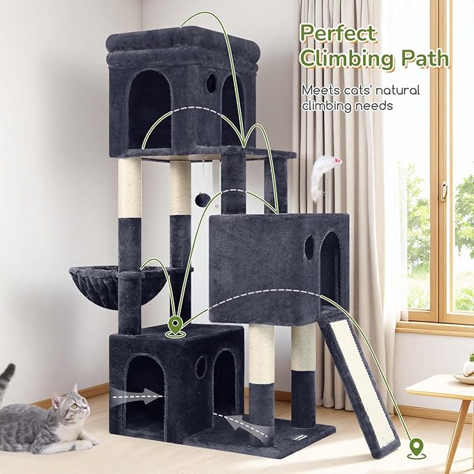 Globlazer 52in Cat Tower for Multiple Indoor Cats, Heavy Duty Multi-Level Cat Tree with 3 Cozy Condos, 4 Natural Sisal Scratching Posts and Cozy Basket Bowl, F52B, Dark Grey