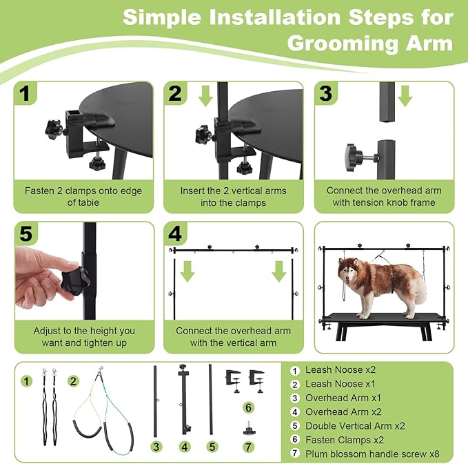 Dog Grooming Table Arm Stand Adjustable About Height 32"-47" Width Dog Grooming Arm with Clamp No-Sit Haunch Holders for Medium/Large Pets Metal(Grooming Table Not Included)