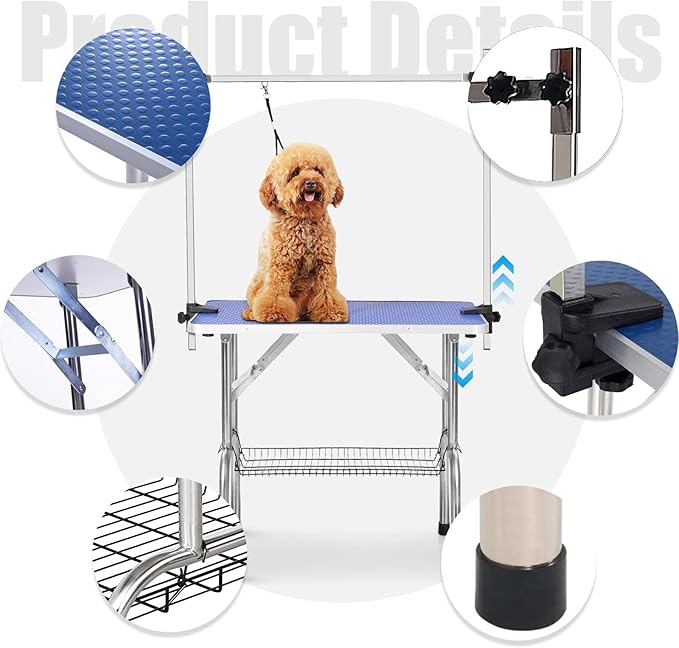 42 Inch Professional Adjustable Pet Grooming Table Heavy Duty with Arm Noose & Mesh Tray for Dog Cat Shower Table Maximum Capacity Up to 265Lb, Blue