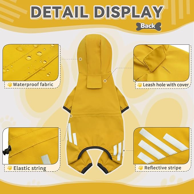 Dog Raincoat, Waterproof Dog Rain Jacket with Hood, Dog Rain Coat with Leash Hole, Reflective Strap for Small Medium Dogs, Lightweight Puppy Clothes(Yellow,XS)