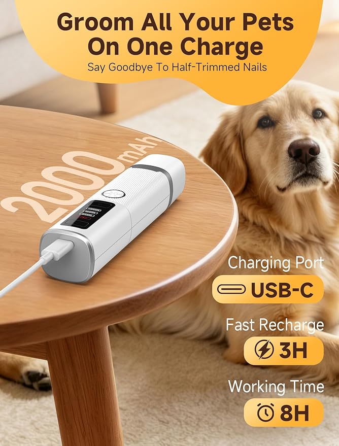 Dog Nail Grinder, Quiet Electric Dog Nail Trimmer with 2 LED Lights, 3-Speed Pet Nail Grinder for Dogs & Cats, Rechargeable 2000mAh Nail Grinder for Small Medium Large Dogs with Light, White