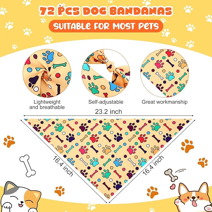 Sanwuta 72 Pcs Paw Dog Bandana Bulk Washable Puppy Triangle Scarfs Cat Bandanas Adjustable Soft Cute Pet Triangle Bibs Accessories for Small Medium Dogs Cats Pets Costume