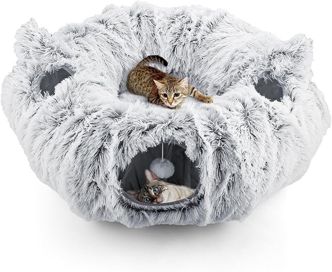 Cat Tunnel Cat Bed for Indoor Cats,Christmas Tree cat Tunnel 3-in-1 Foldable Plush Donut Tunnel with Washable Cushion, Peekaboo Cat Cave with Ears for Kittens, Puppy, Rabbit (Gray)