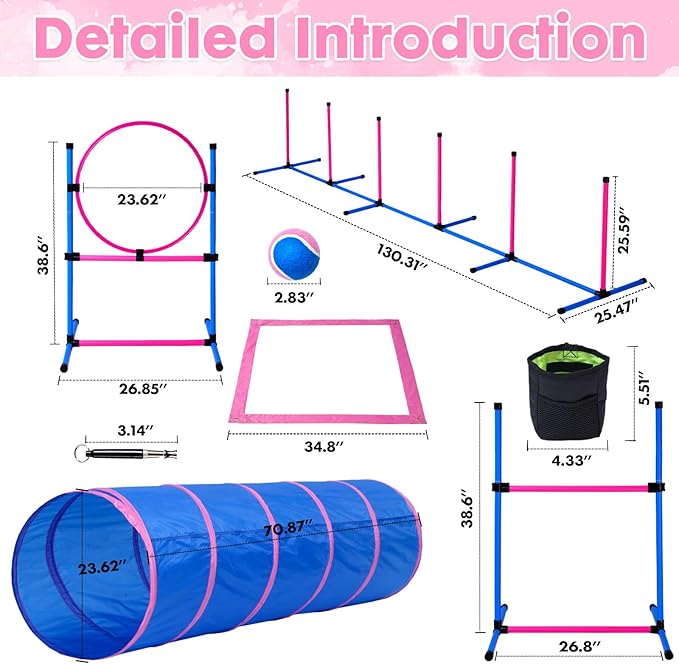 Dog Agility Course Backyard Set, Dog Agility Equipment, Pet obstacle Course Backyard with 6 Dual Mode Weave Poles, 2 Adjustable Hurdle, Jump Ring, Tunnel, Pause Box, Toy Balls and 2 Carrying Bags,Pink