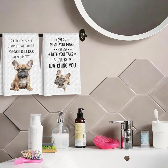 2Pcs French Bulldog Kitchen Towels 24x14 Inch, French Bulldog Gifts for Woman Mom, Reusable Waffle Weave Microfiber Absorbent Hand Tea Dish Towels for Kitchen Bathroom Decor, Dog Lovers Gifts