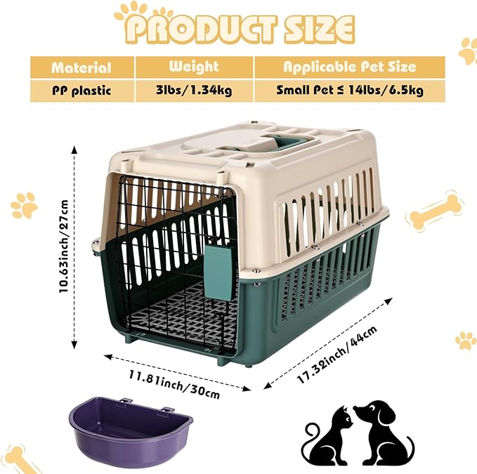 2 Set Hard Plastic Pet Carrier Breathable Dog Cat Kennel with Metal Door Bowl Grille Mat Pet up to 14 Lbs Carrier for Walking Camping Vet Visits Travel, 17.3"L x 11.8"W x 10.6"H(Blue White)