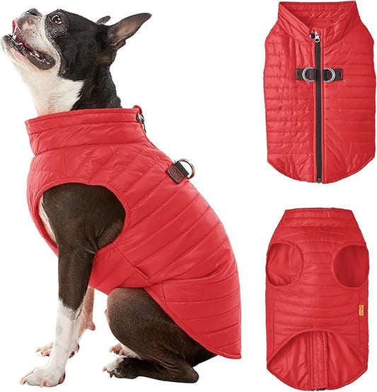 Gooby Puffer Vest - Red, Small - Ultra Thin Zip Up Windbreaker with Dual D Ring Leash - Water Resistant Dog Sweater Coat for Small Dogs