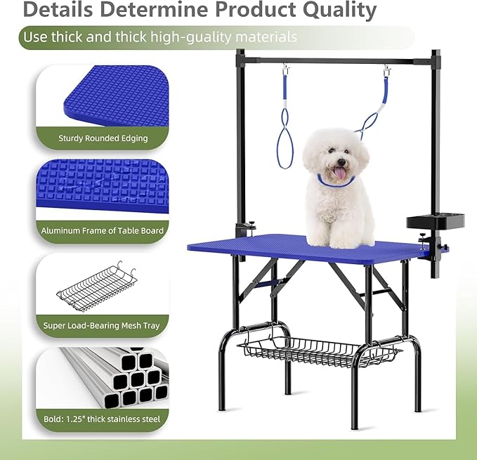 Professional Dog Pet Grooming Table Adjustable Heavy Duty Portable w/Arm & Noose & Mesh Tray (36", Blue)
