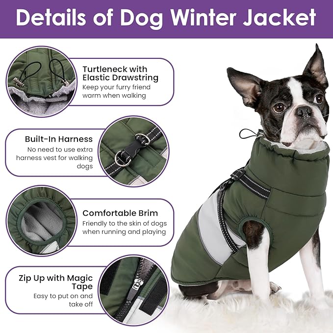 Dog Winter Coat, Waterproof Dog Coat Jacket with Harness for Medium Dogs Boys Girls, Reflective Fleece Lined Pet Snow Jacket Sweaters for Pug, Jack Russel, Boston Terrier, Army Green M