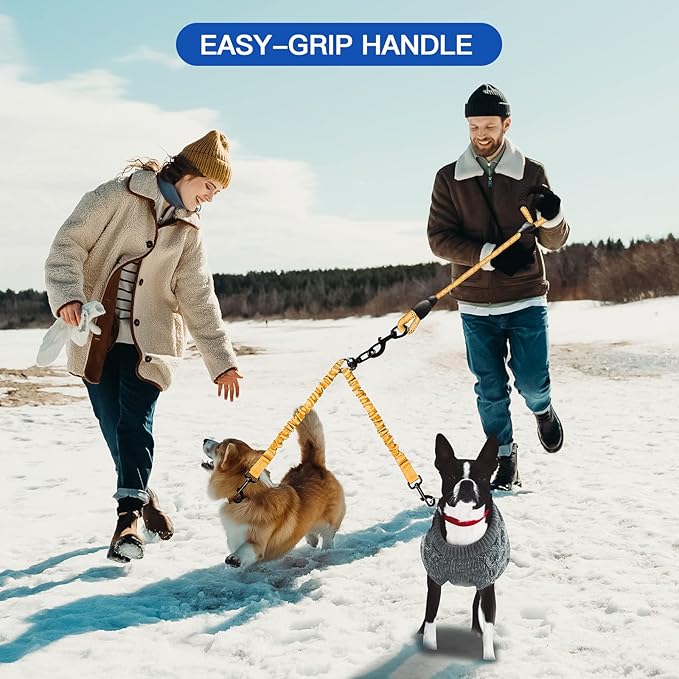 MingXpets Double Dog Leash, Dual Dog Leash, 360° Swivel Tangle Free Bungee Walking Training for Large Medium Dogs, Shock Absorbing Bungee Reflective for Two Dogs, 18~120 lbs, Yellow