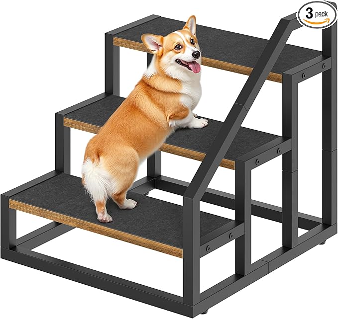 YATINEY Dog Stairs for Small Dogs, 3-Steps Dog Steps for High Beds and Couch, 20.5”H Pet Steps with Non-Slip, Rustic Brown and Black LT11BR