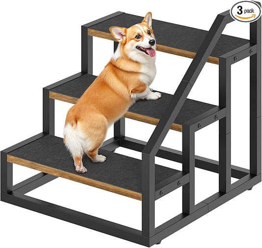 YATINEY Dog Stairs for Small Dogs, 3-Steps Dog Steps for High Beds and Couch, 20.5”H Pet Steps with Non-Slip, Rustic Brown and Black LT11BR