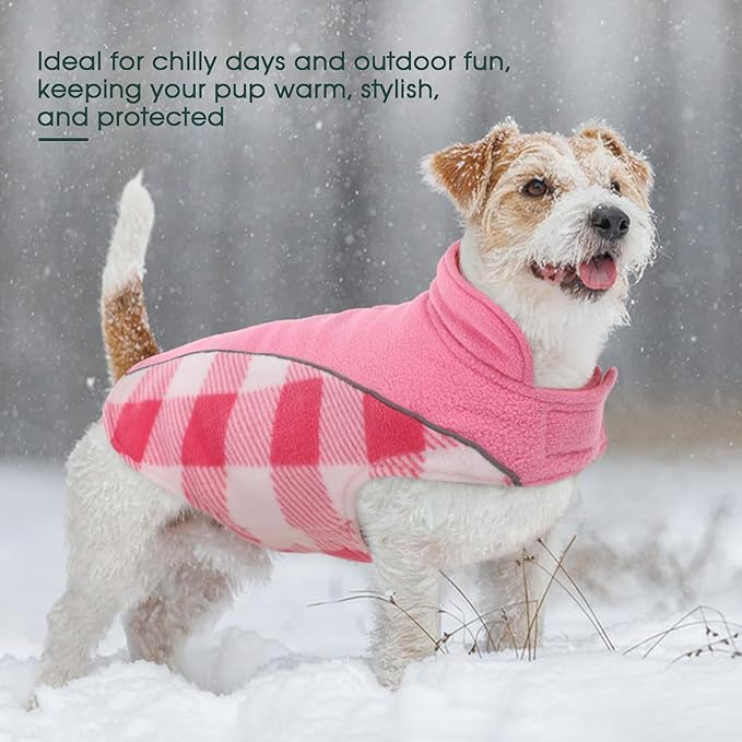 Kuoser Dog Winter Coat, Reversible Waterproof Dog Jacket with Reflective Strip, Warm Dogs Fleece Vest Adjustable Doggy Cold Weather Clothes Plaid Christmas Outfit Pet Apparel for Large Dogs, Pink L