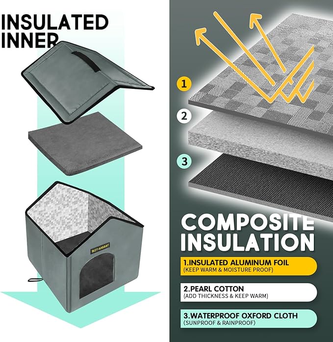 Rest-Eazzzy Cat House for Outdoor Cats, Weatherproof and Insulated Feral Cat House with Mat and Clip, Easy to Put Together, Selfwarming Cat Shelter for Summer, Never Blow Away (Grey, House X 2)