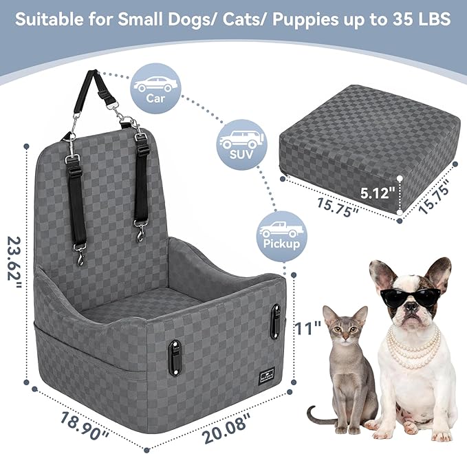 PETSFIT Dog Car Seat for Small/Medium Dogs Up to 35 lbs – Patented Safety System, 5" Memory Foam Pet Booster Car Seat, Fully Detachable and Washable Dog Carseat with 2 Storage Pockets (Grey)