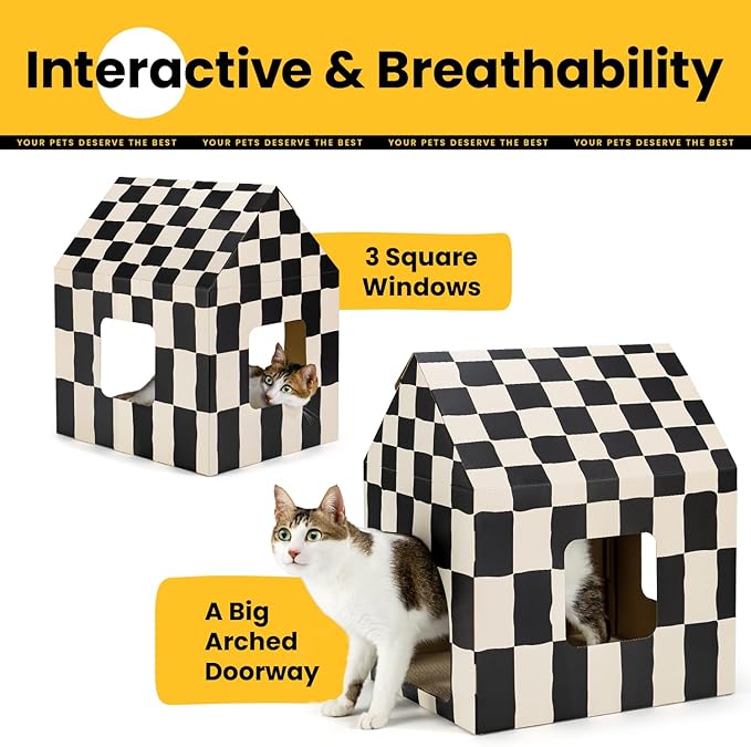 Conlun Cardboard Cat House with Scratch Pad & Catnip, Cat Play Scratching House for Indoor Hideaway Furniture, Heavy Duty Sturdy Cardboard Scratcher, Easy to Assemble Birthday Gift, Large