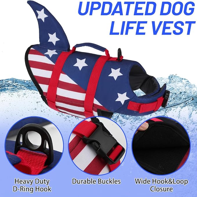 EMUST Dog Life Vests, Dogs Floats for Swimming, Boat, Pool, Ripstop Dog Life Jacket with High Buoyancy and Lift Handle for Small and Medium Breeds, (M,StarFlag)