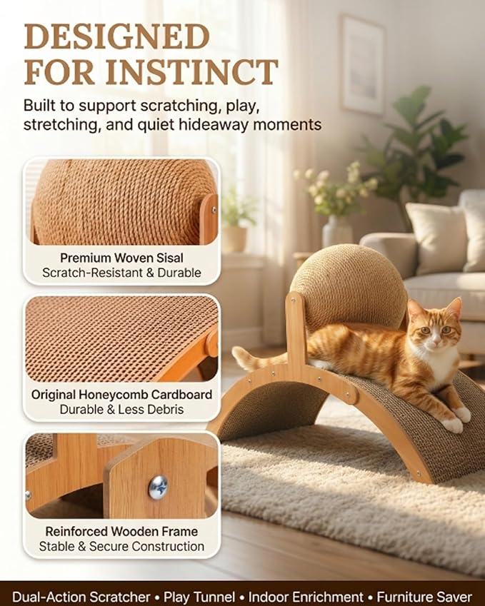 Wobble Ball Cat Scratcher, 2 in 1 Wood Interactive Cat Arch Scratching Ball on Stand with Arched Bridge and 360° Rotating Hanging Sisal Balls for Indoor Cats Kittens(Small)