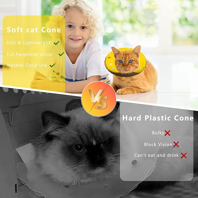 Seyezo Cat Cone Collar Soft, Adjustable Cat Recovery Collar Kitten Cones to Stop Licking, Cute Donut E Collar After Surgery, Cats Neck Pillow Cone Elizabethan Cones of Shame (Waterproof Yellow, Small)