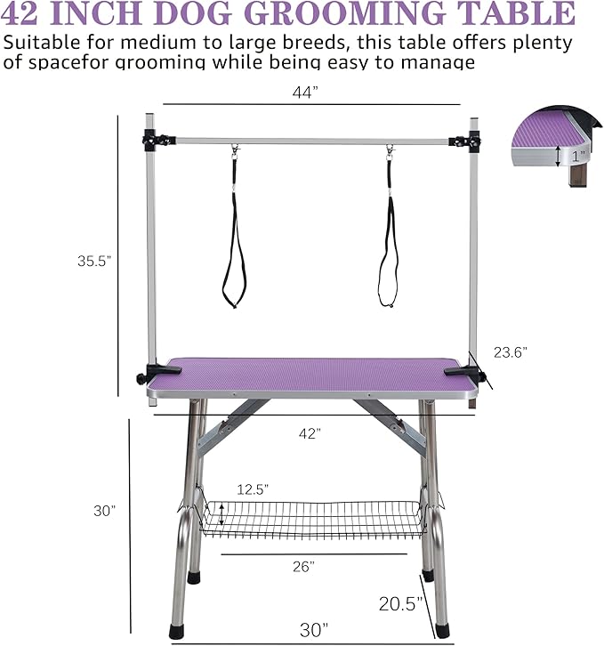 Professional Dog Pet Grooming Table Adjustable Heavy Duty Portable w/Arm & Noose & Mesh Tray (Purple, 42")