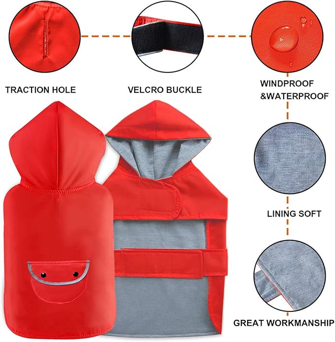 Dog Raincoat Dogs Rain Jacket Reflective Poncho Rainwear Waterproof Pet Clothes Pocket Breathable Lined Hooded Leash Hole Adjustable Small Medium Dogs,Red,XXL,Back Length 16.9 Inch