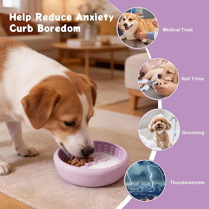 Slow Feeder Dog Lick Bowl, Freeze Silicone Feeding Dogs Licking Bowls for Anxiety Relief,Non-Slip Enrichment Puzzle Pet Treat Dispenser for Distraction, Lick Mat Pads for All Dogs Cats(Purple, Large)