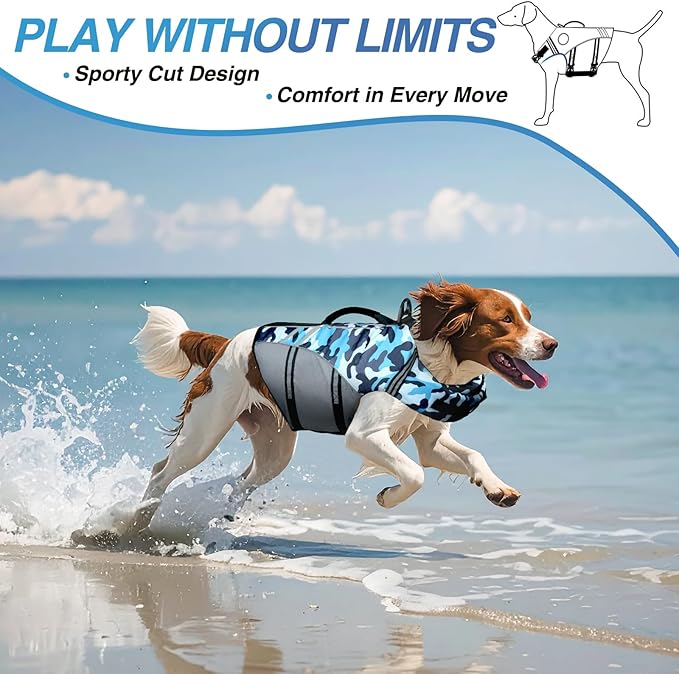 VIVAGLORY Sports Style Dog Life Vest, Dog Life Jacket for Swimming & Boating, Ripstop & Buoyancy for Puppy Doggy, Lifejacket with Handle, M, Camo Blue