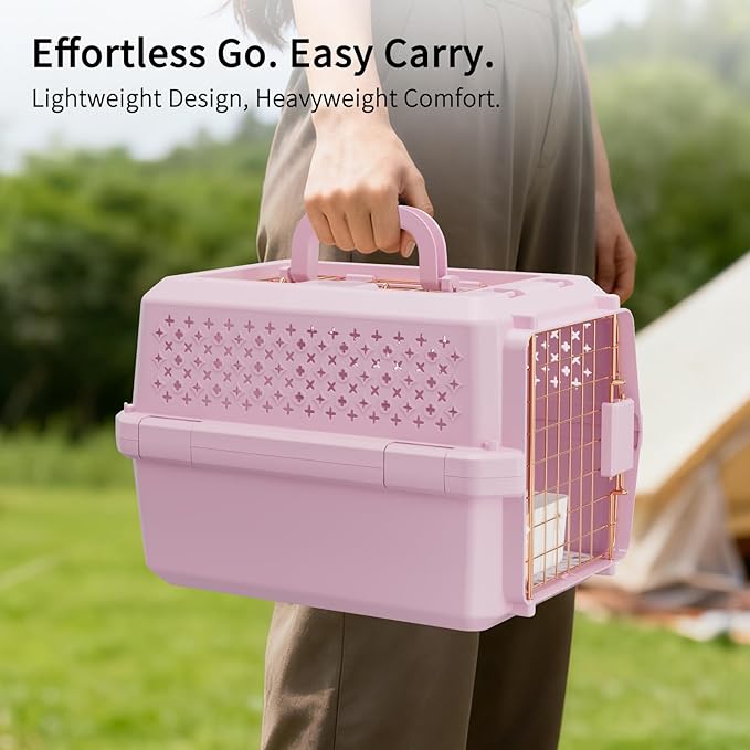 RIZZARI Small Hard Sided Pet Carrier, Ventilated Plastic Travel Crate with Metal Door and Top Handle for Small Dogs and Cats, Pink Small, Ideal for Car Travel Vet Visits and Daily Use