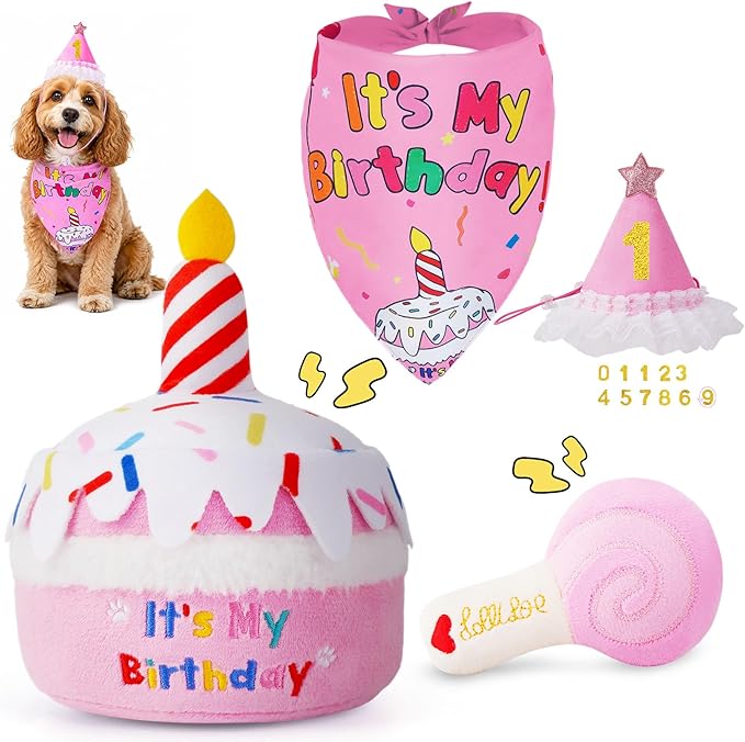 KIPRITII Dog Birthday Party Supplies – Pink Dog Squeak Toys, Birthday Bandana & Hat for Small Dogs, Interactive Puppy Plush Toys to Relieve Boredom