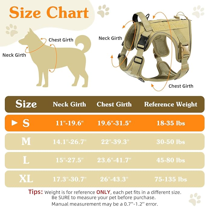 VavoPaw Heavy Duty Tactical Dog Harness for Small Dogs, No Pull Adjustable Pet Harness Reflective Service Training Easy Control Pet Vest Military K9 Working Dog Harnesses, Army Yellow, S