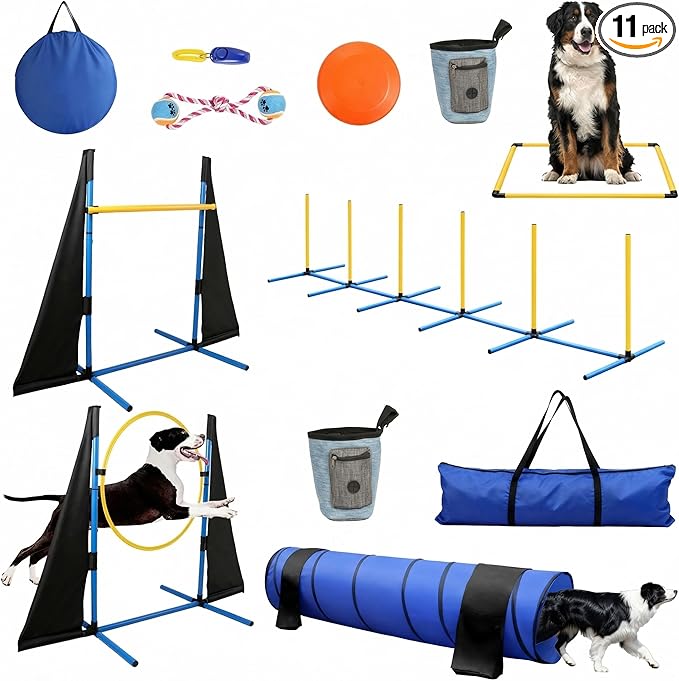 Dog Agility Course Backyard Set - Complete 11-Piece Dog Agility Equipment with Adjustable Hurdles, Jump Ring, Weave Poles, Collapsible Tunnel, Pause Box, Ball for Indoor/Outdoor Training