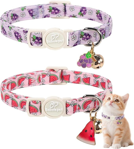 2 Pack Summer Cat Collars - Lavender GRAP & Pink Watermelon Breakaway Safety Cat Collars, Adjustable Soft Boy Girl Kitten Collar for Small Dogs Puppy, Cute Pet Collar with Bell & Pendant