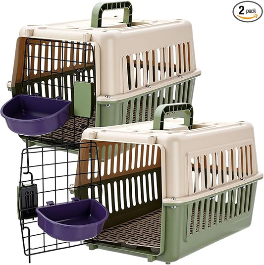2 Set Hard Plastic Pet Carrier Breathable Dog Cat Kennel with Metal Door Bowl Grille Mat Pet up to 14 Lbs Carrier for Walking Camping Vet Visits Travel, 17.3"L x 11.8"W x 10.6"H(Green White)