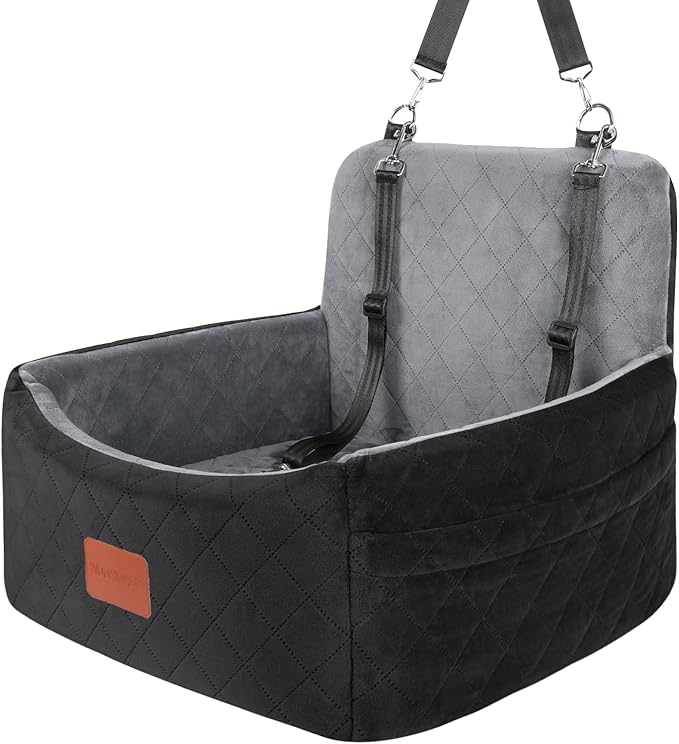 WOOAIDAGG Dog Car Seat for Small Dogs Under 30lbs, Comfy & Safe Travel Bed with Washable Cover, 2 Clip-On Safety Leashes and Pockets, Anti-Slip Base, Easy to Install(Black/Grey)