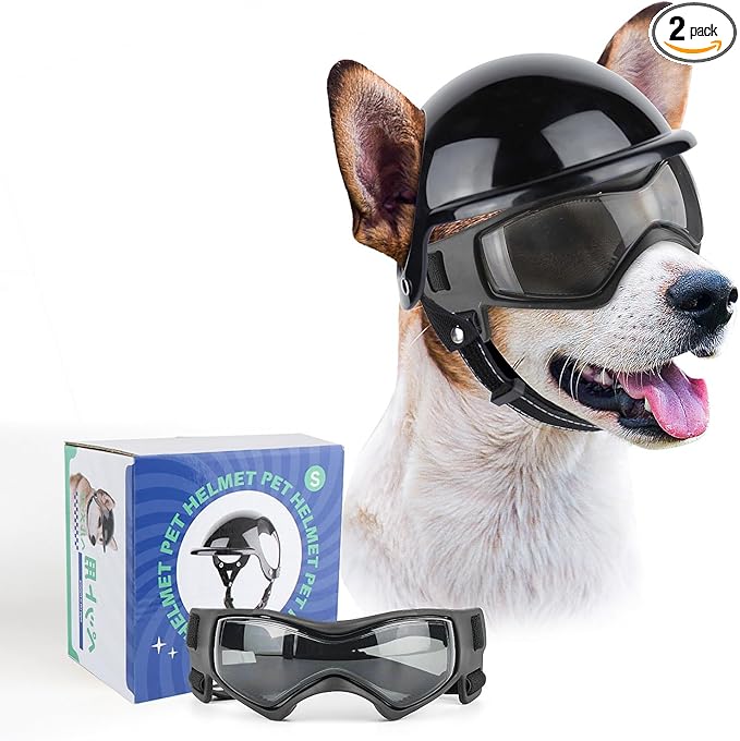 Dog Goggles for Small Dogs with Helmet, 2PCS Doggy Sunglasses and Pet Motorcycle Helmet Set for Small Medium Breed Outdoor Driving Walking, All Black