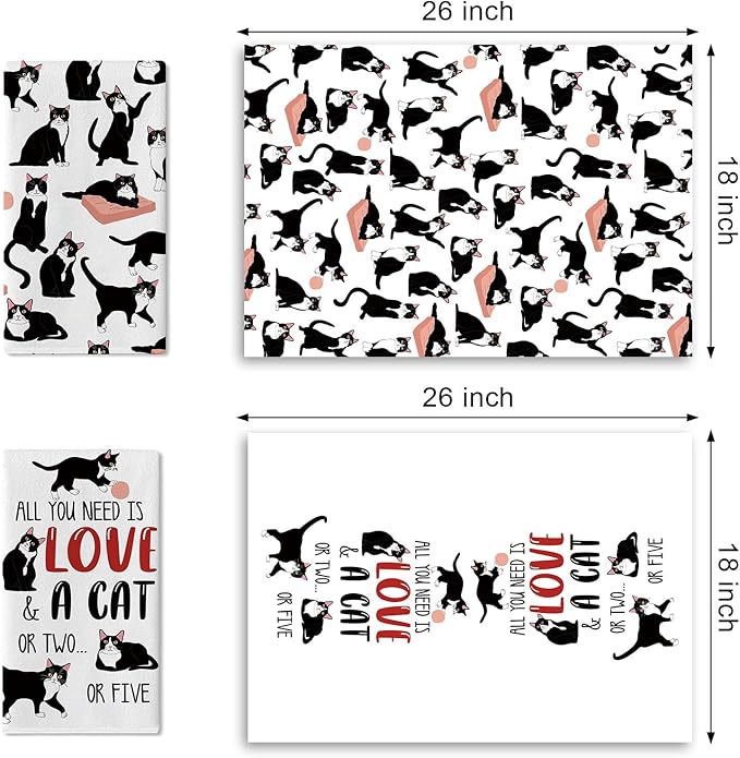 Funny Tuxedo Cat Kitchen Dish Towels Set of 2, All You Need is Love A Cat Drying Hand Towel Baking Cooking Cloth, Pet Owner Lover Gift Bathroom Home Decoration 18'' x 26''