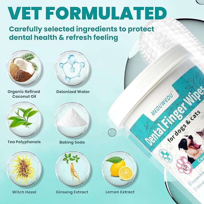 MEDUWEDU Dental Care Finger Wipes 60 Counts,Teeth Cleaning Finger Wipes for Dogs & Cats,Reduces Plaque & Supports Oral Freshness, Unscented