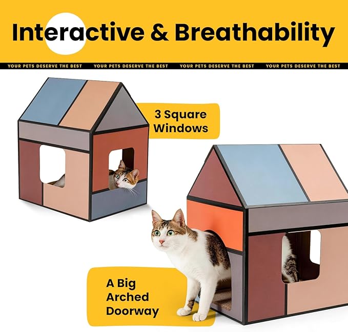 Cardboard Cat House with Scratch Pad & Catnip, Cat Play Scratching House for Indoor Hideaway Furniture, Heavy Duty Sturdy Cardboard Scratcher, Easy to Assemble Birthday Gift, Large