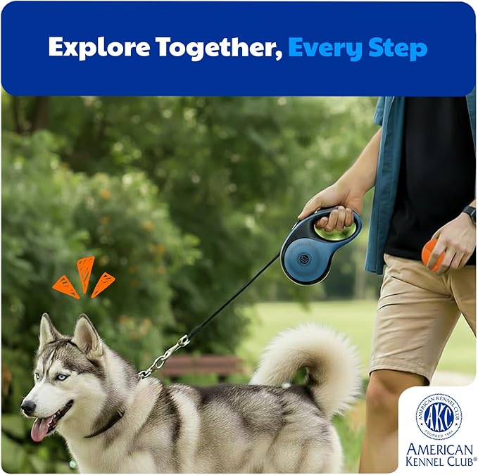 American Kennel Club Heavy Duty Retractable Dog Leash, 16.4ft, Tangle-Free, Ergonomic Grip, One-Hand Brake, for Medium & Large Dogs up to 110 lbs Gray