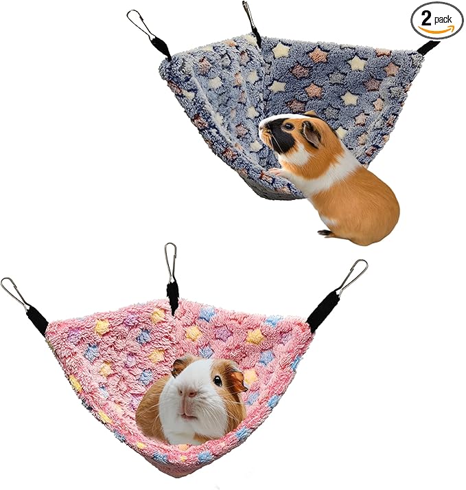 Pack of 2 Hanging Corner Hammock with Hooks for Rats, Squirrels, Sugar Gliders, Guinea Pigs, Hamsters and Other Small Animals. Perfect for Pet Critter Cages. L, STPink+Blue