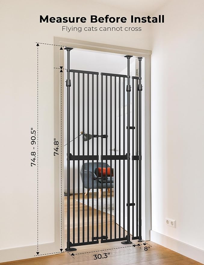 Extra Tall Cat Gate, 74.8”–90.5” High x 30.3”–38.2” Wide, No-Drill Pressure Mounted Safety Barrier for Doorways, Stairs, Hallways, Multi-Pet Separation，Black