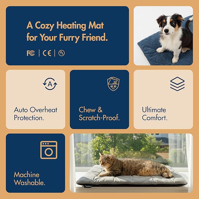 Vagascape Dog Pad (48"x28") - Waterproof Heated Mat & Pet Bed for Indoor and Outdoor Use, Chew Resistant Cord, Machine Washable Cover with Wheat Pattern Quilting, for Cats and Pets