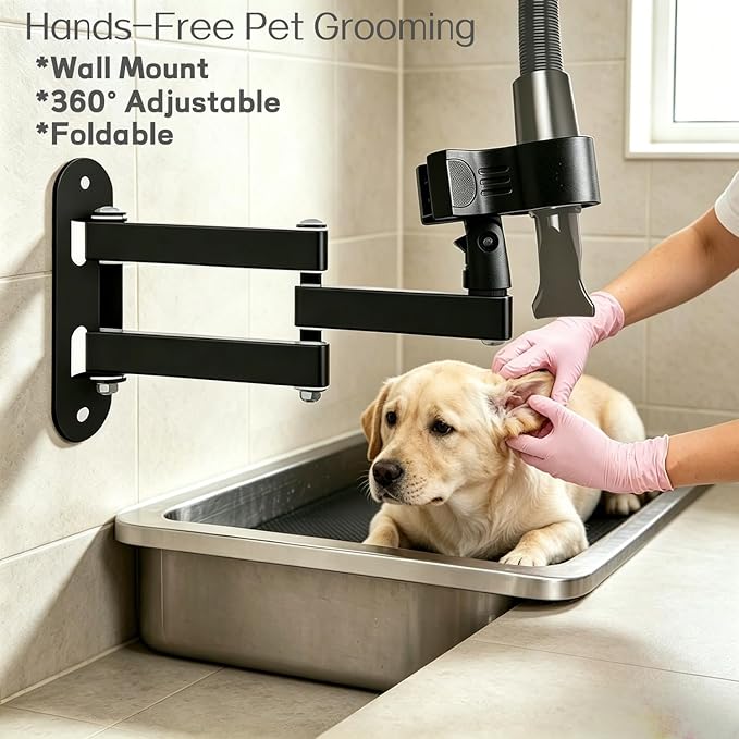 Pet Hair Dryer Wall Mount Stand Hose Tube Holder: Hands-Free Adjustable & Foldable Metal Arm Bracket with Universal Clamp for Dog Cat Grooming, Home & Professional Use