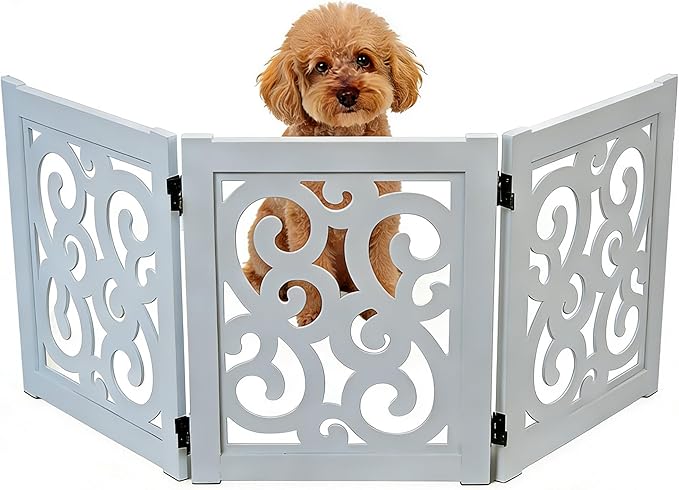 Ashfield & Harkness: 3-Panel Pet Gate - Scroll Grey - Wooden Foldable Freestanding Fence, Small Dogs & Puppy, 48 x 19.3, Indoor-Doorway-Halls-Stairs