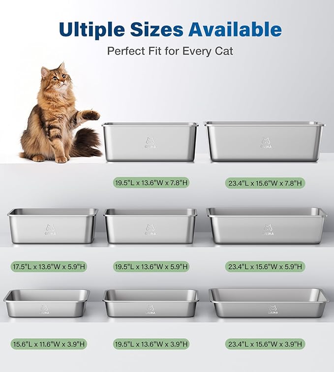Qiuma 2 Packs Stainless Steel Cat Litter Box, 17.6" L×13.6" W×5.9" H, Metal Kitty Litter Box with High Sided for Small Cats, Non-Stick, Easy to Clean, Odor-Free