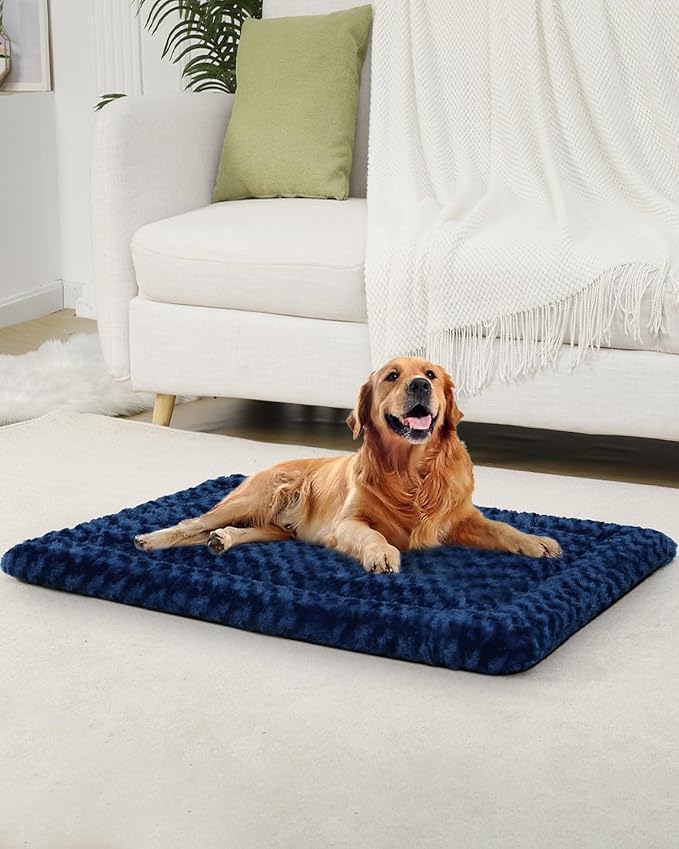 Washable Dog Bed Reversible Dog Beds for Crate Soft Fluffy Kennel Pad Anti-Slip Pet Sleeping Mat for Large Jumbo Medium Small Dogs (Blue, 42.00" x 28.00" x 1.50")