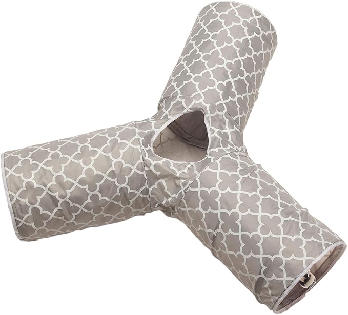 Cat Tunnel - Collapsible 3 Way Quatrefoil Play Toy - Tube Fun for Rabbits, Kittens, and Dogs - Quatrefoil Gray/White
